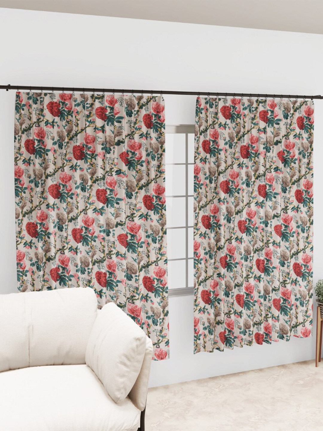 

EasyGoods White & Red 2 Pieces Floral Black Out Long Door Curtain