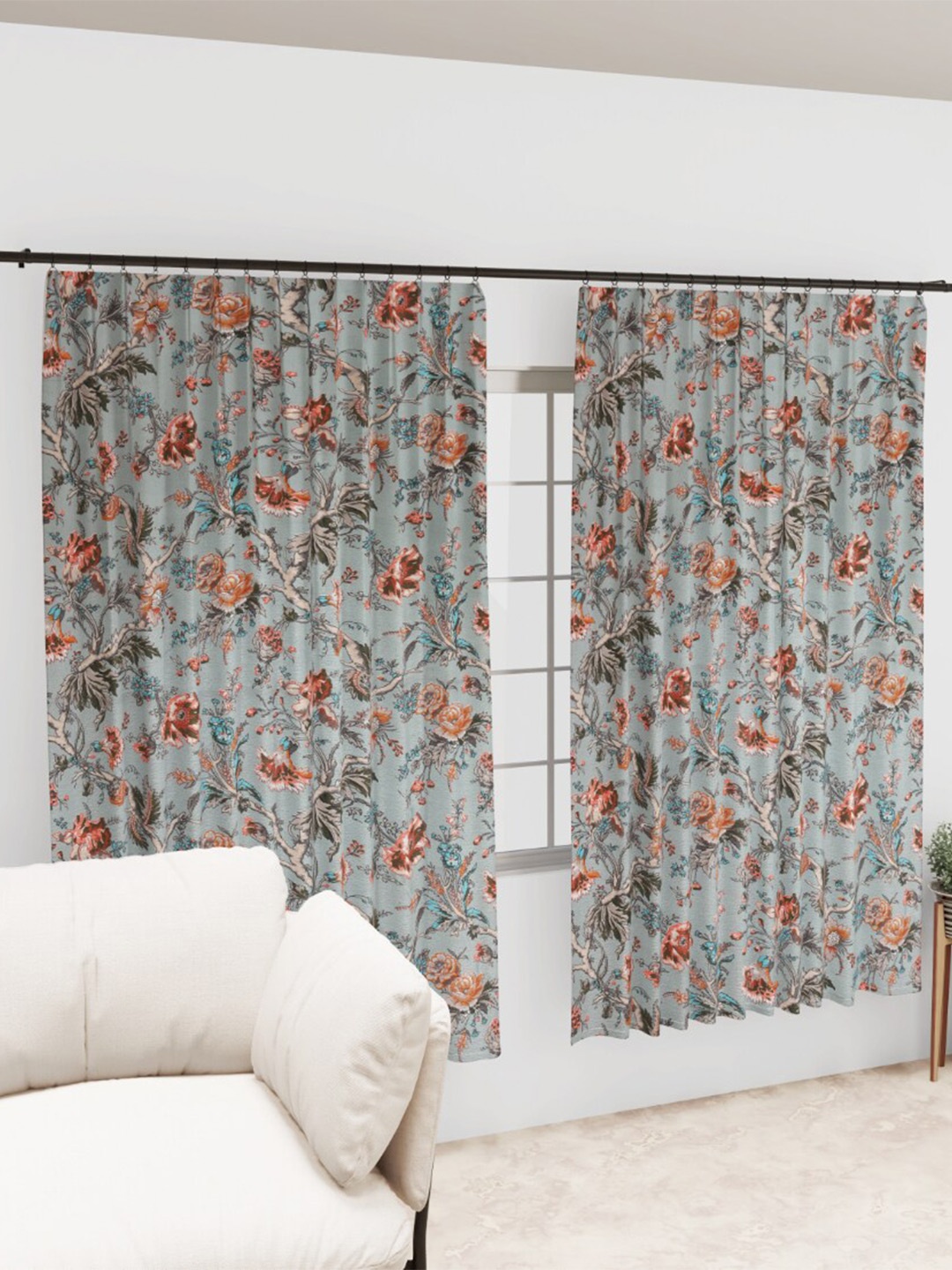 

EasyGoods Blue & Red 2 Pieces Floral Printed Black Out Cotton Long Door Curtains