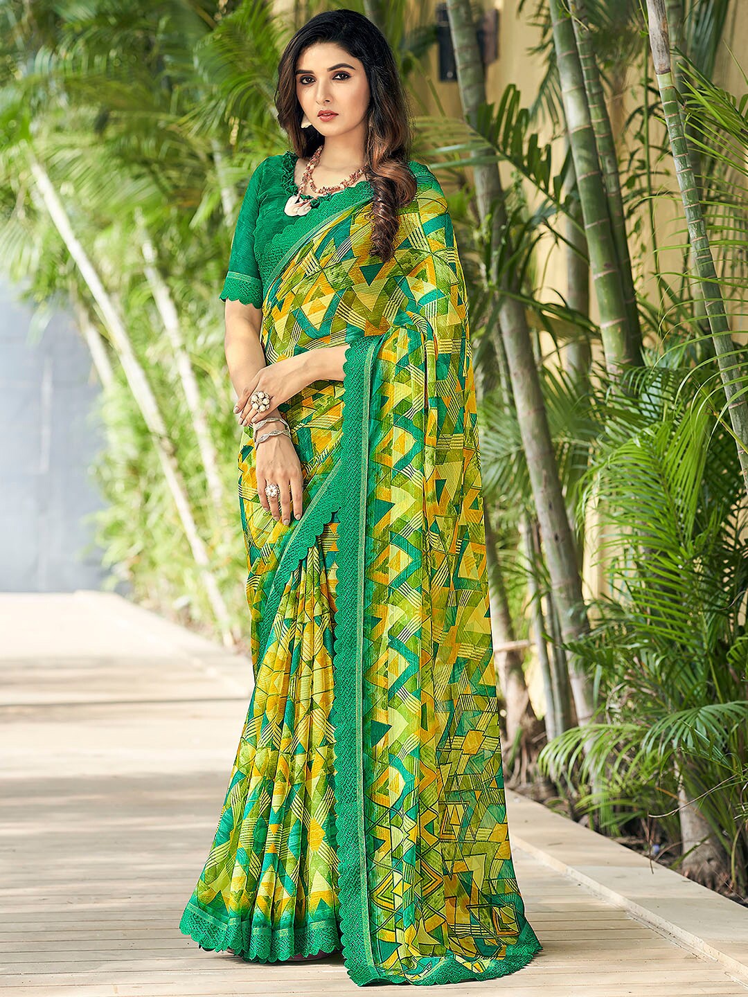 

Anouk Yellow Geometric Printed Pure Chiffon Saree