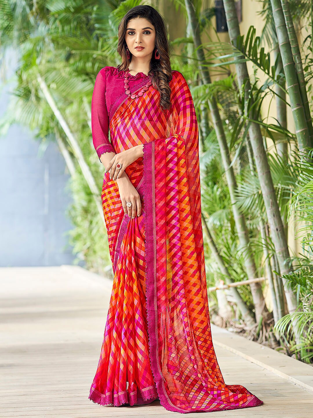

Anouk Orange Geometric Printed Pure Chiffon Saree