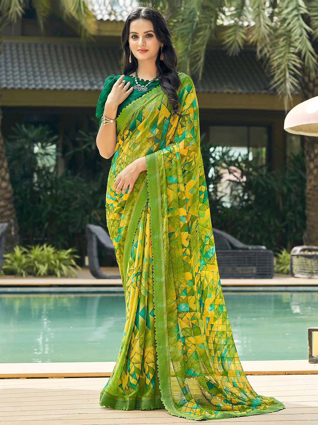 

Anouk Green Geometric Printed Pure Chiffon Saree