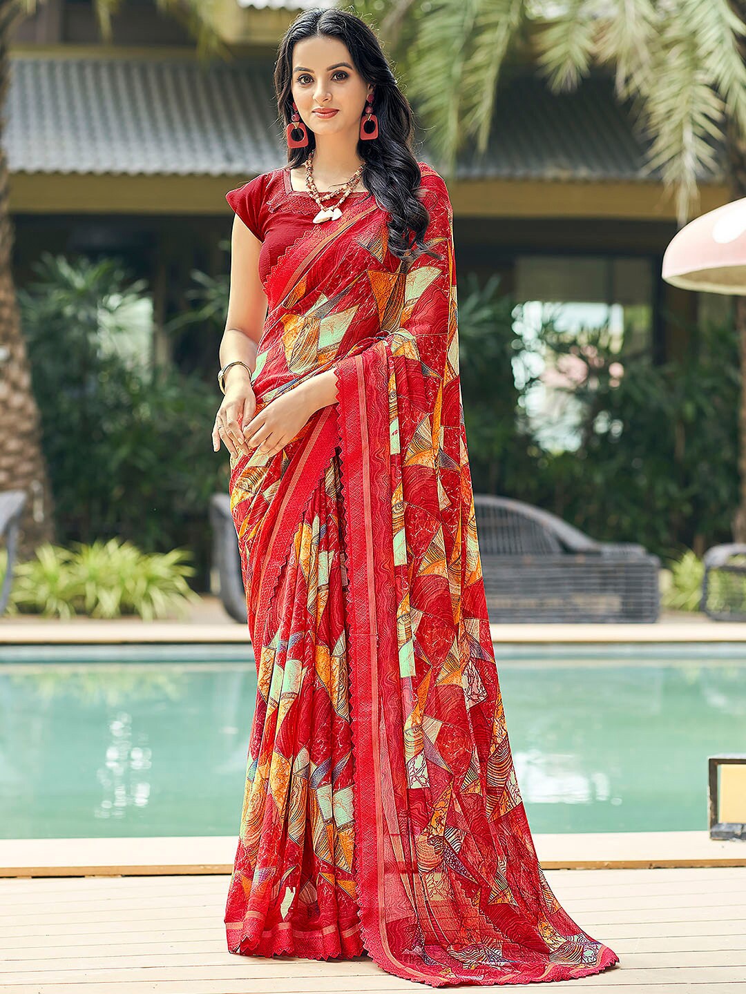 

Anouk Red Abstract Printed Pure Chiffon Saree