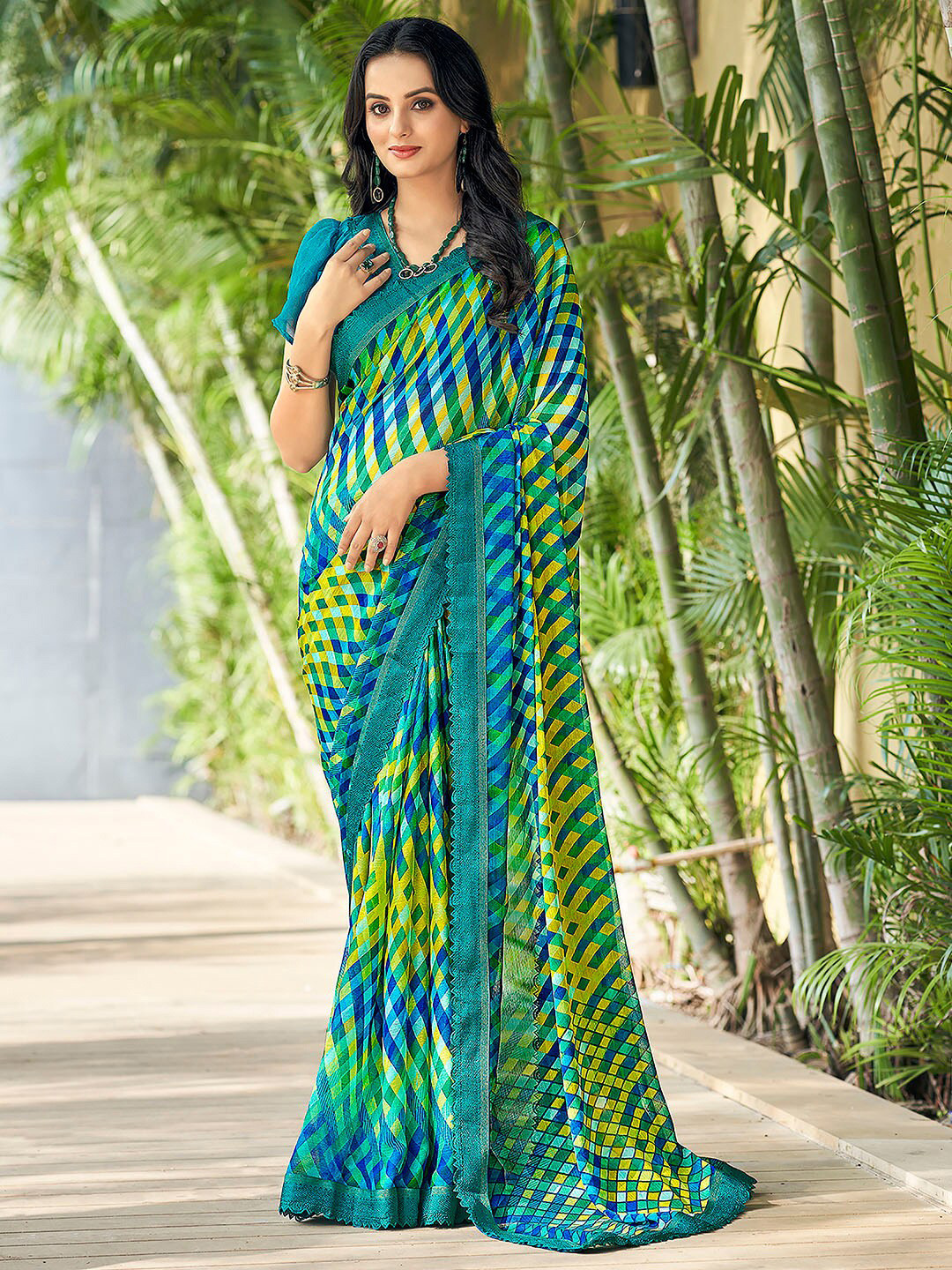 

Anouk Teal Geometric Printed Pure Chiffon Saree