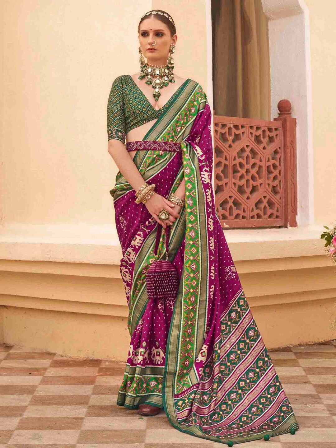 Anouk Magenta Ethnic Motifs Printed Zari Patola Saree