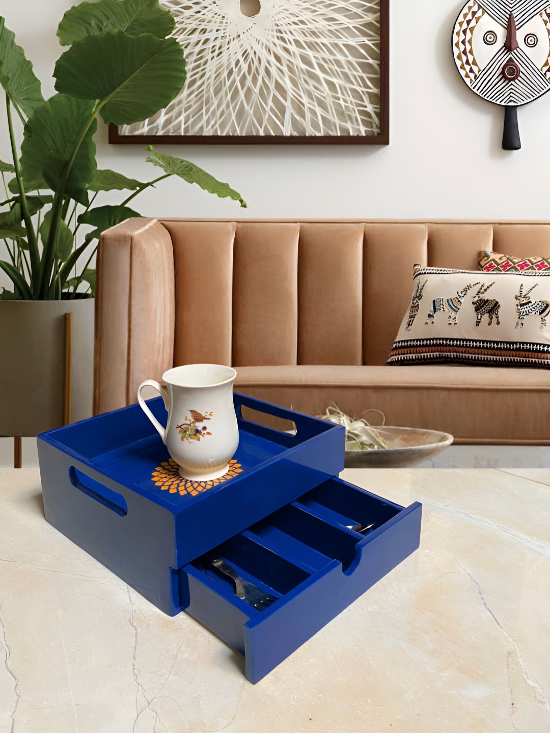 

Lal Haveli Blue Table Serving Tray With Inside Drawer