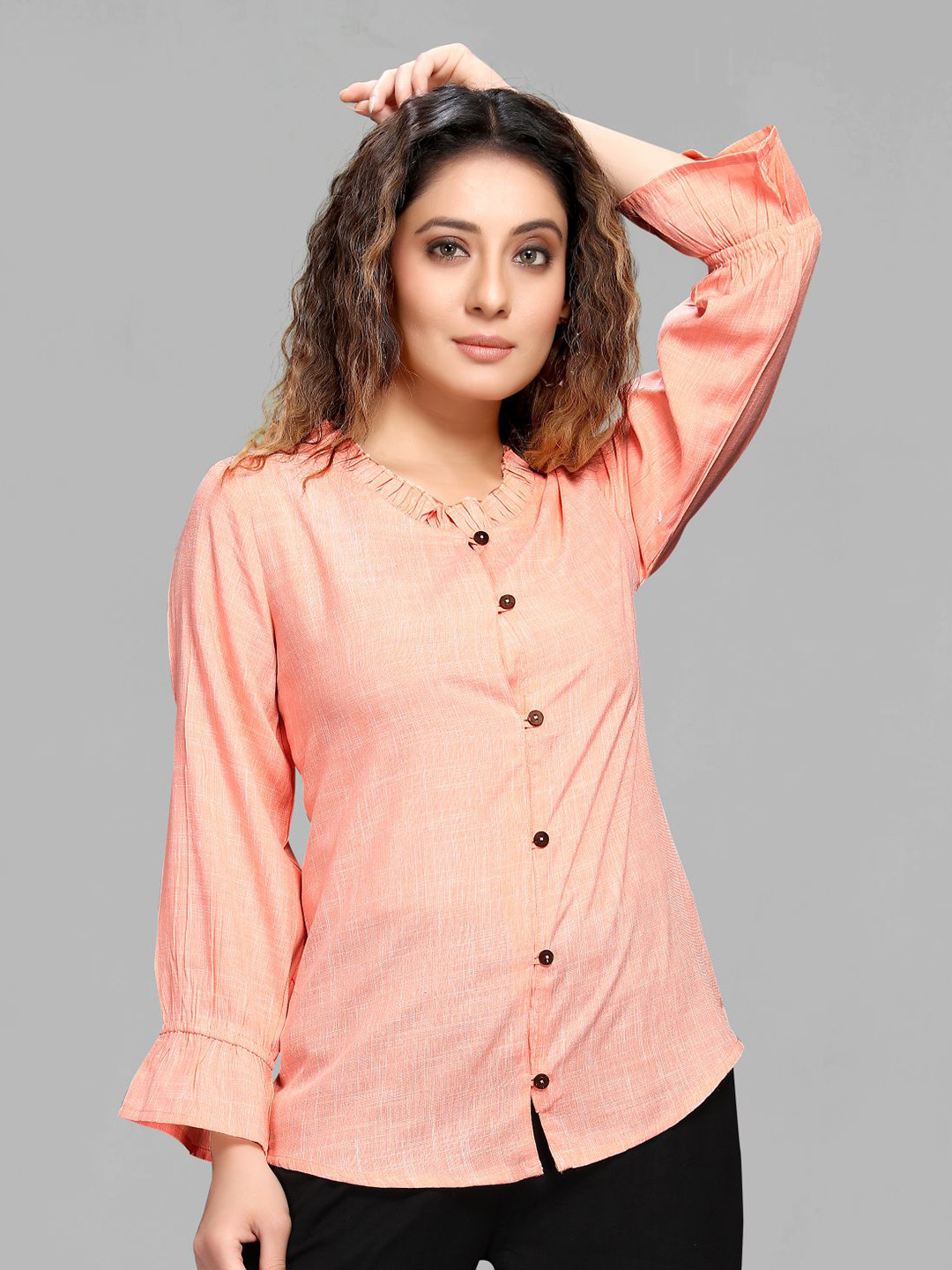 

MAIYEE Round Neck Puff Sleeve Shirt Style Top, Orange