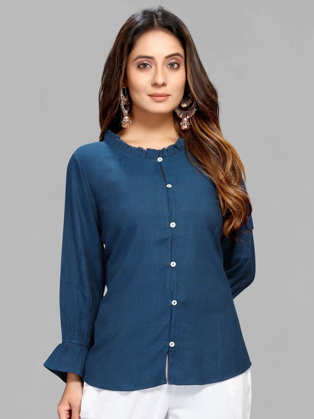 

MAIYEE Round Neck Puff Sleeve Shirt Style Top, Blue