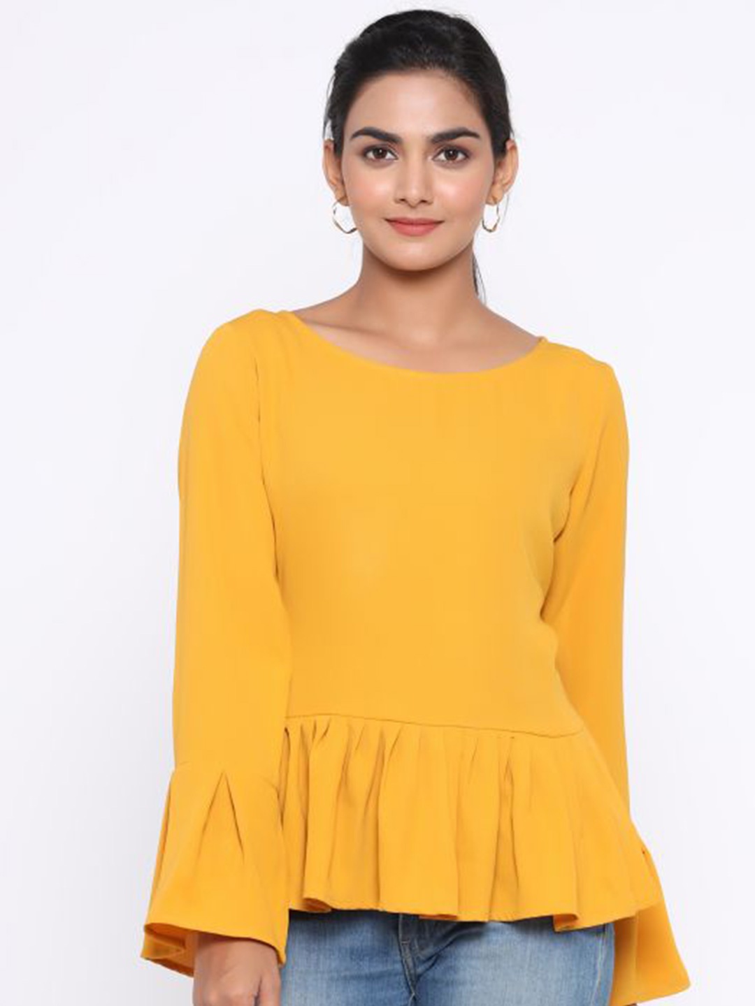

MAIYEE Round Neck Bell Sleeve Peplum Top, Yellow