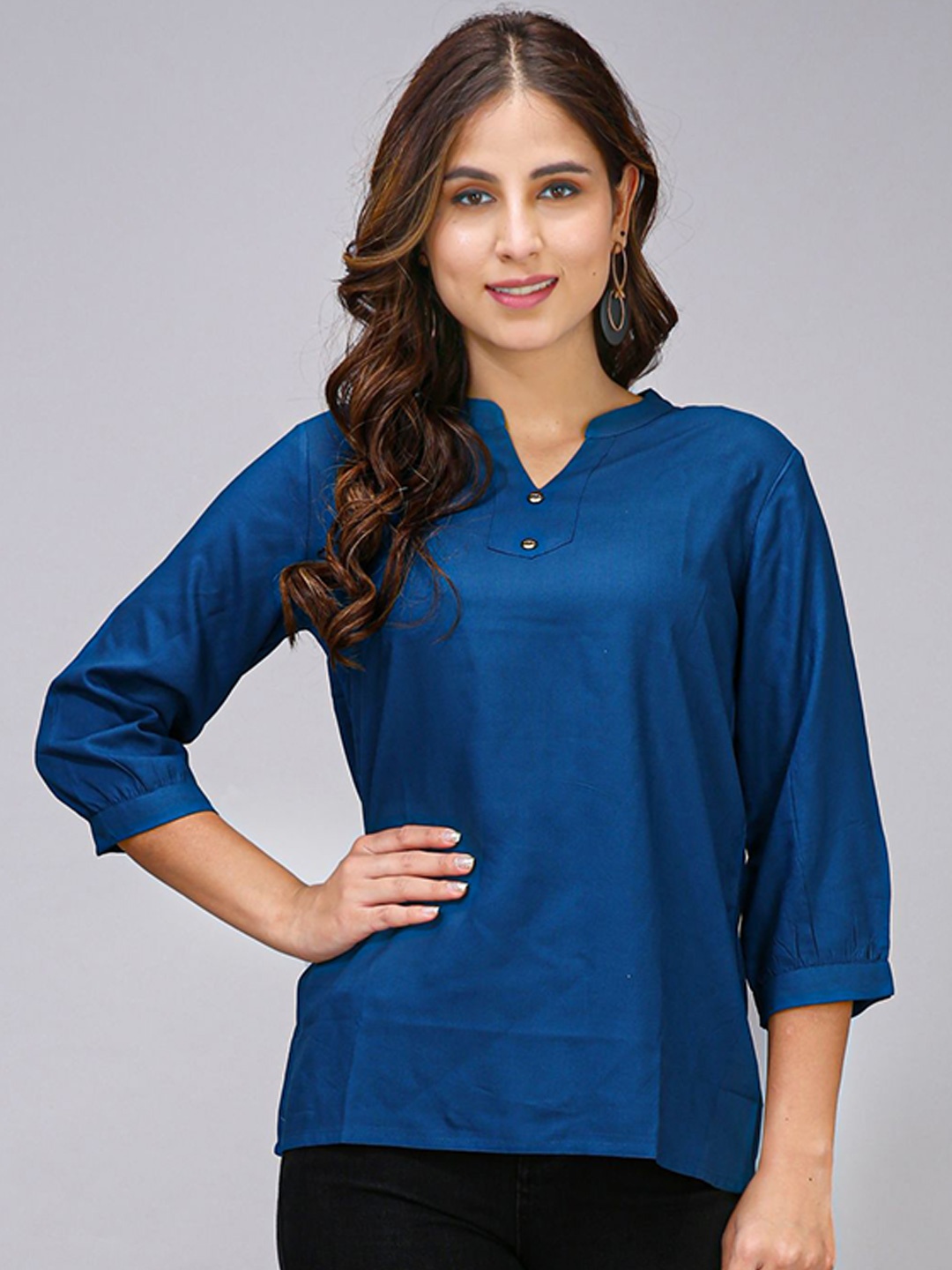 

MAIYEE Mandarin Collar Puff Sleeve Top, Teal