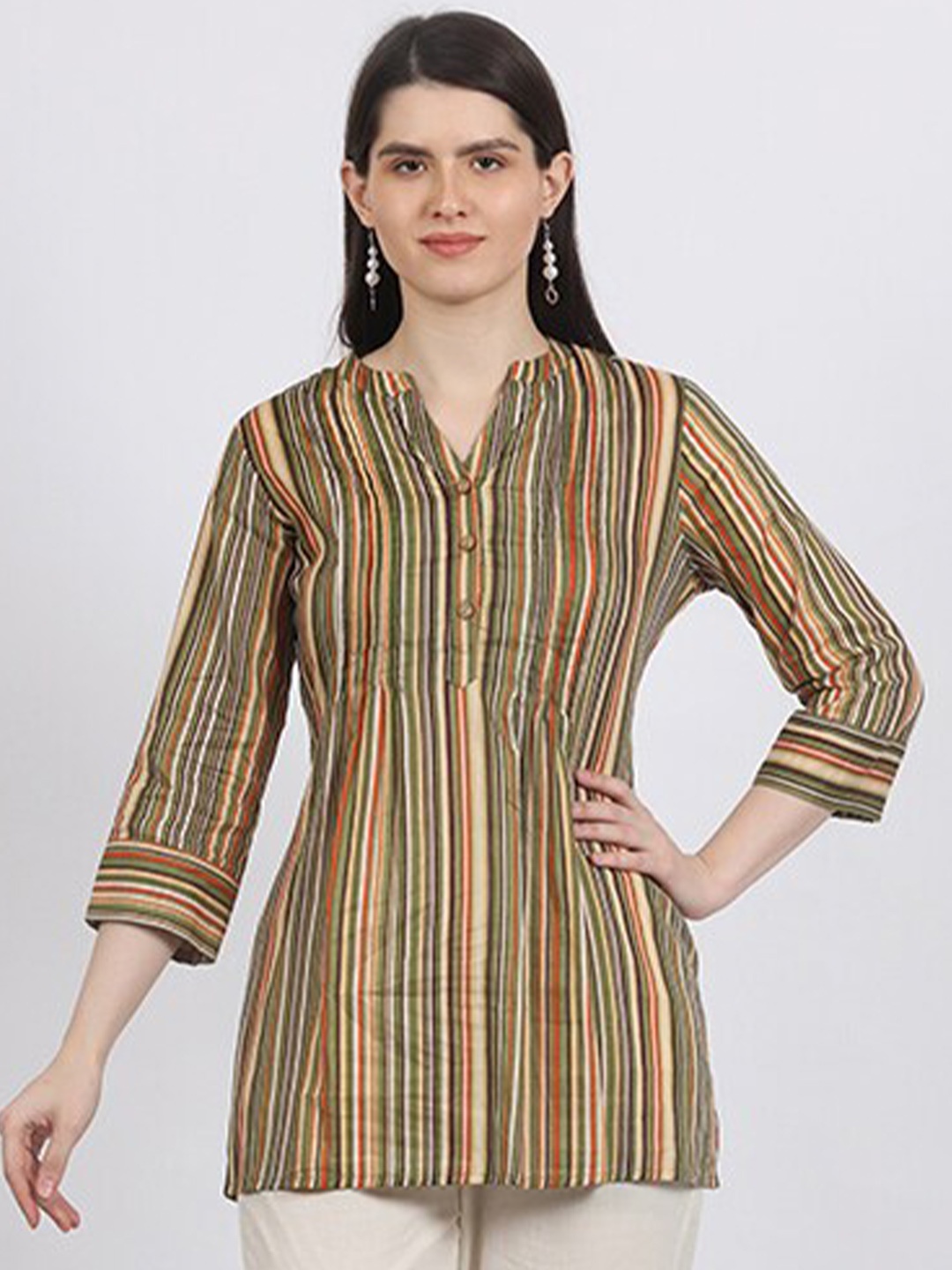 

MAIYEE Striped Mandarin Collar Cotton Top, Green