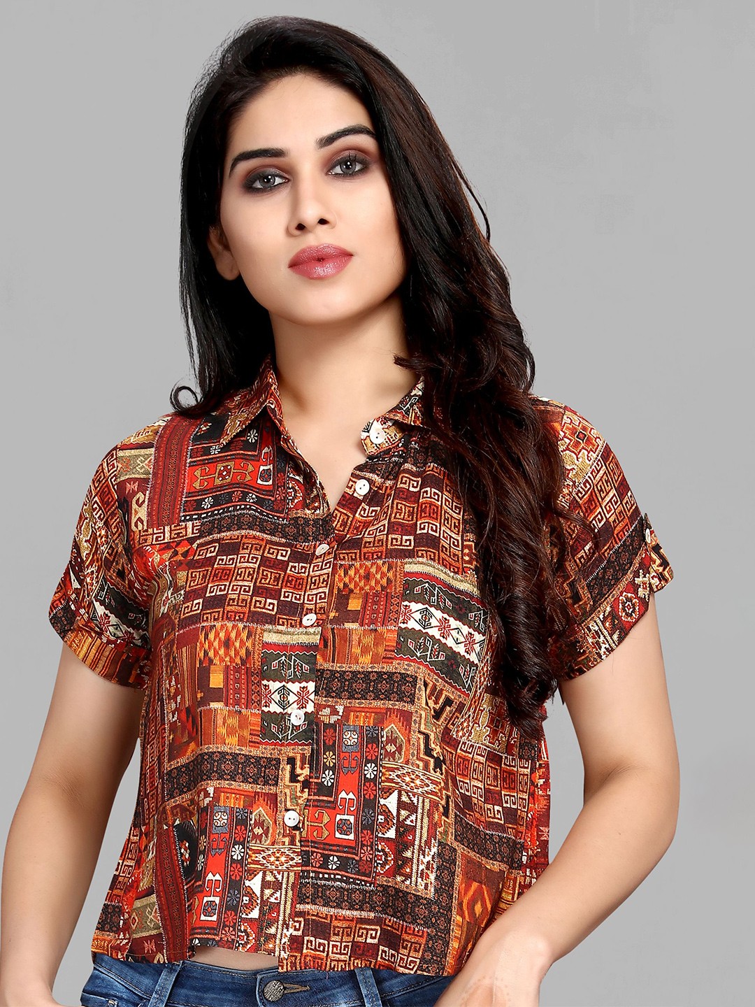 

MAIYEE Ethnic Motifs Printed Shirt Style Top, Brown