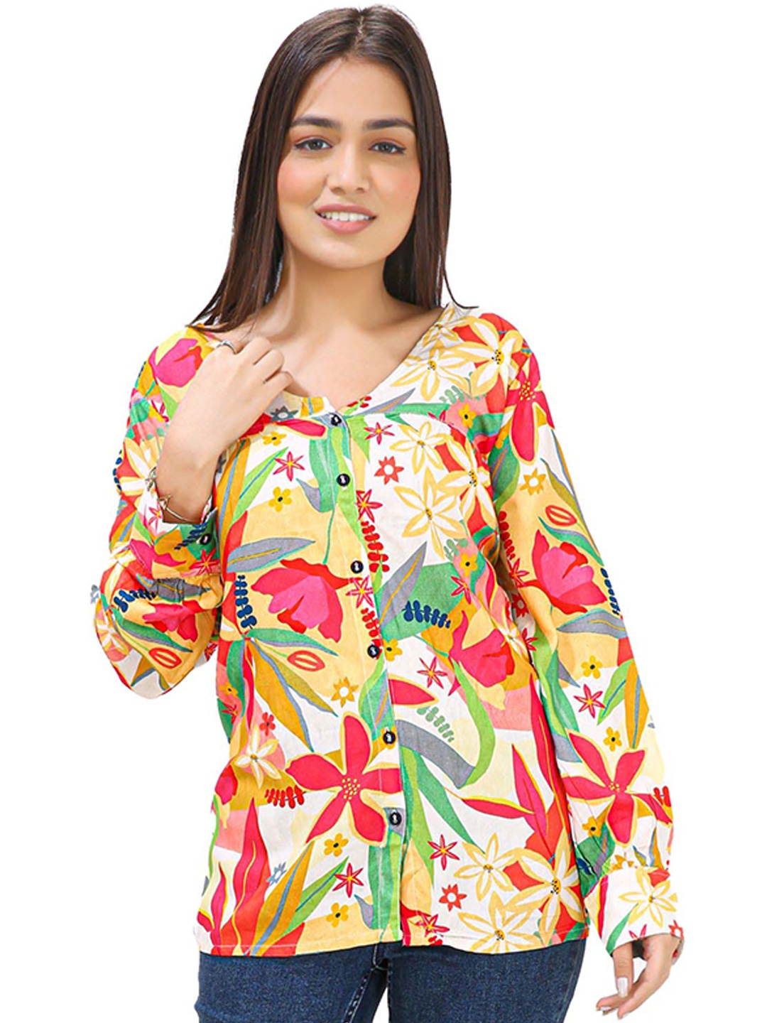 

MAIYEE Floral Printed Shirt Style Top, Yellow