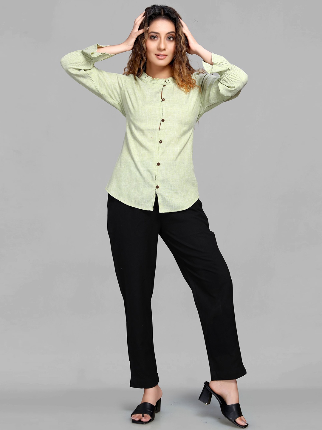 

MAIYEE Mandarin Collar Shirt Style Top, Green
