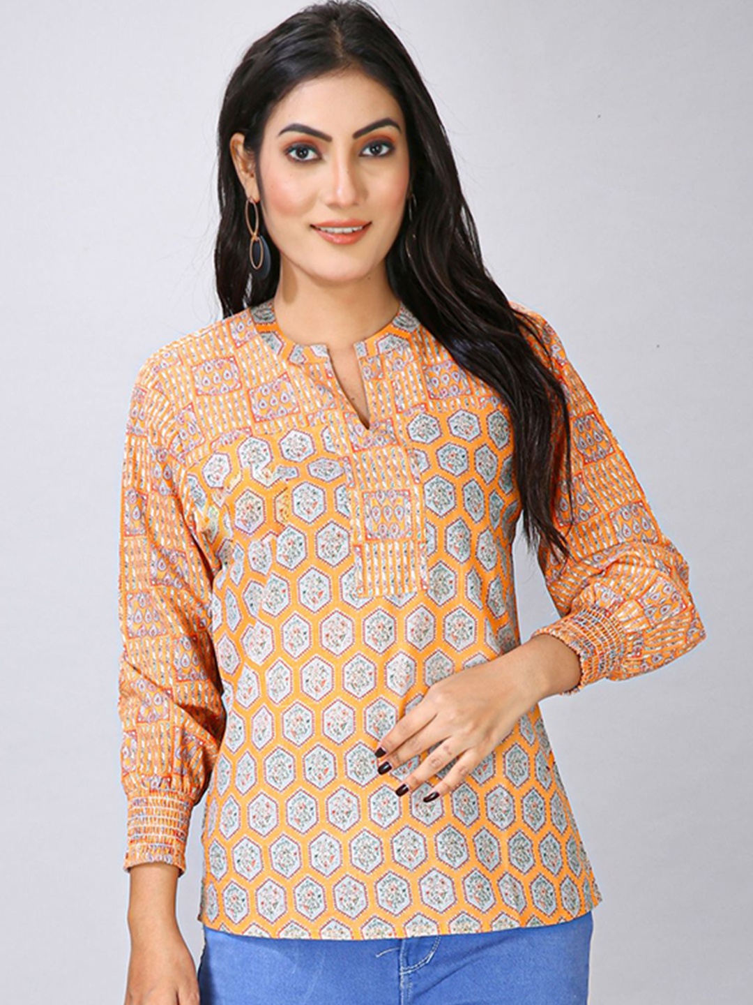 

MAIYEE Floral Printed Mandarin Collar Cotton Top, Orange