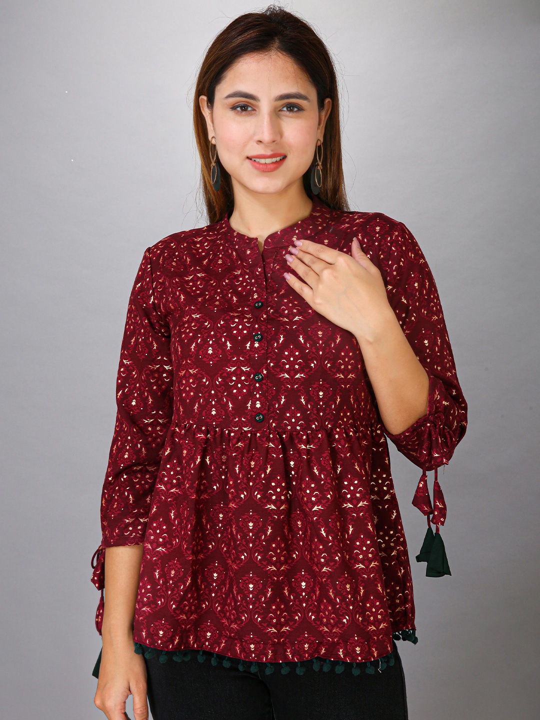 

MAIYEE Ethnic Motifs Printed A-Line Top, Maroon
