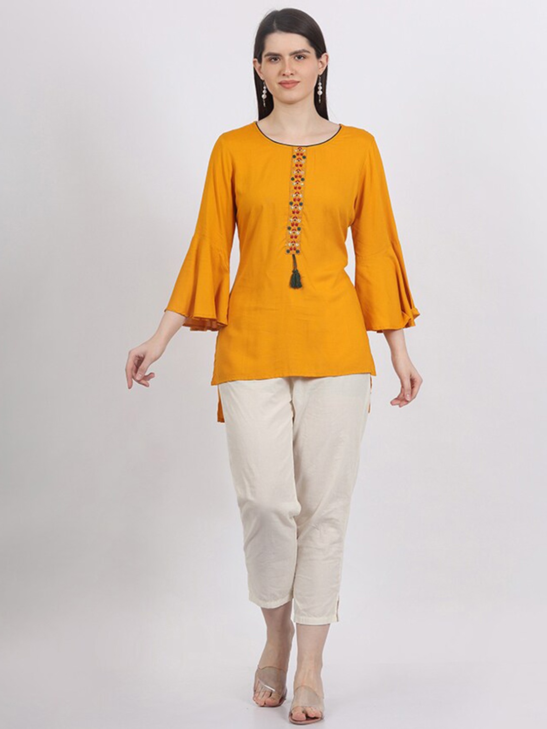 

MAIYEE Tie-Up Neck Bell Sleeve Top, Mustard