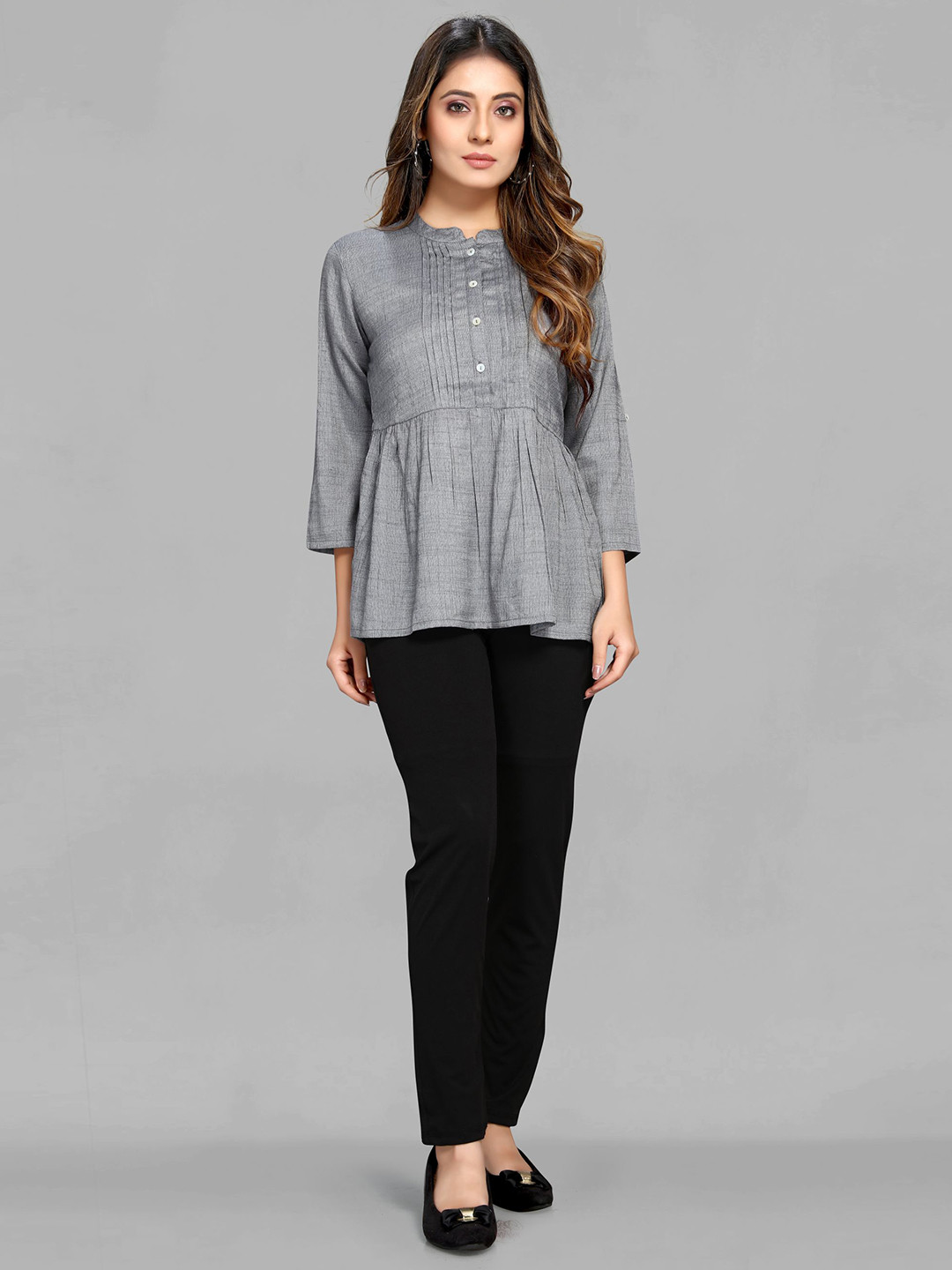 

MAIYEE Mandarin Collar Peplum Top, Grey