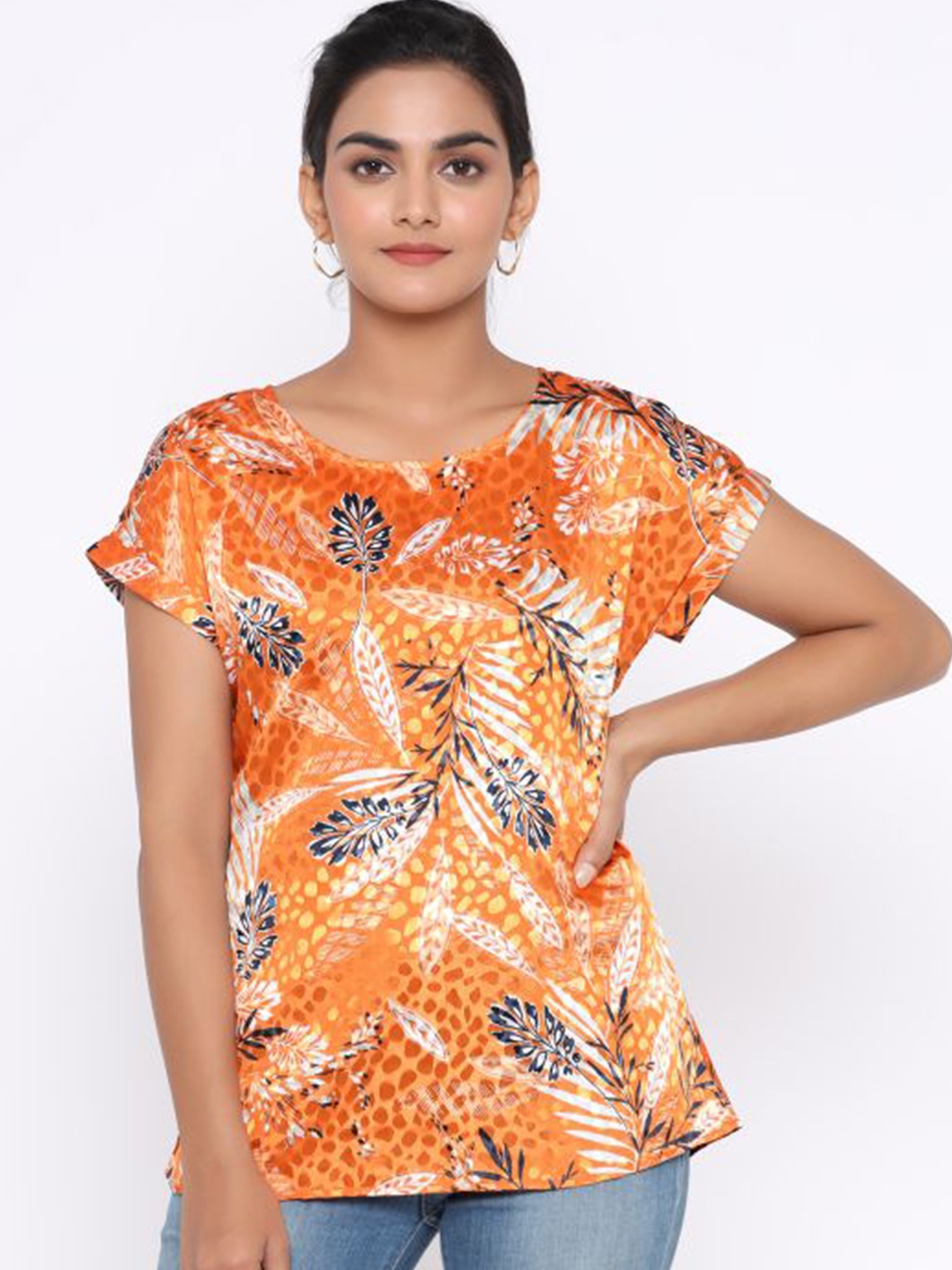 

MAIYEE Print Extended Sleeves Satin Top, Orange