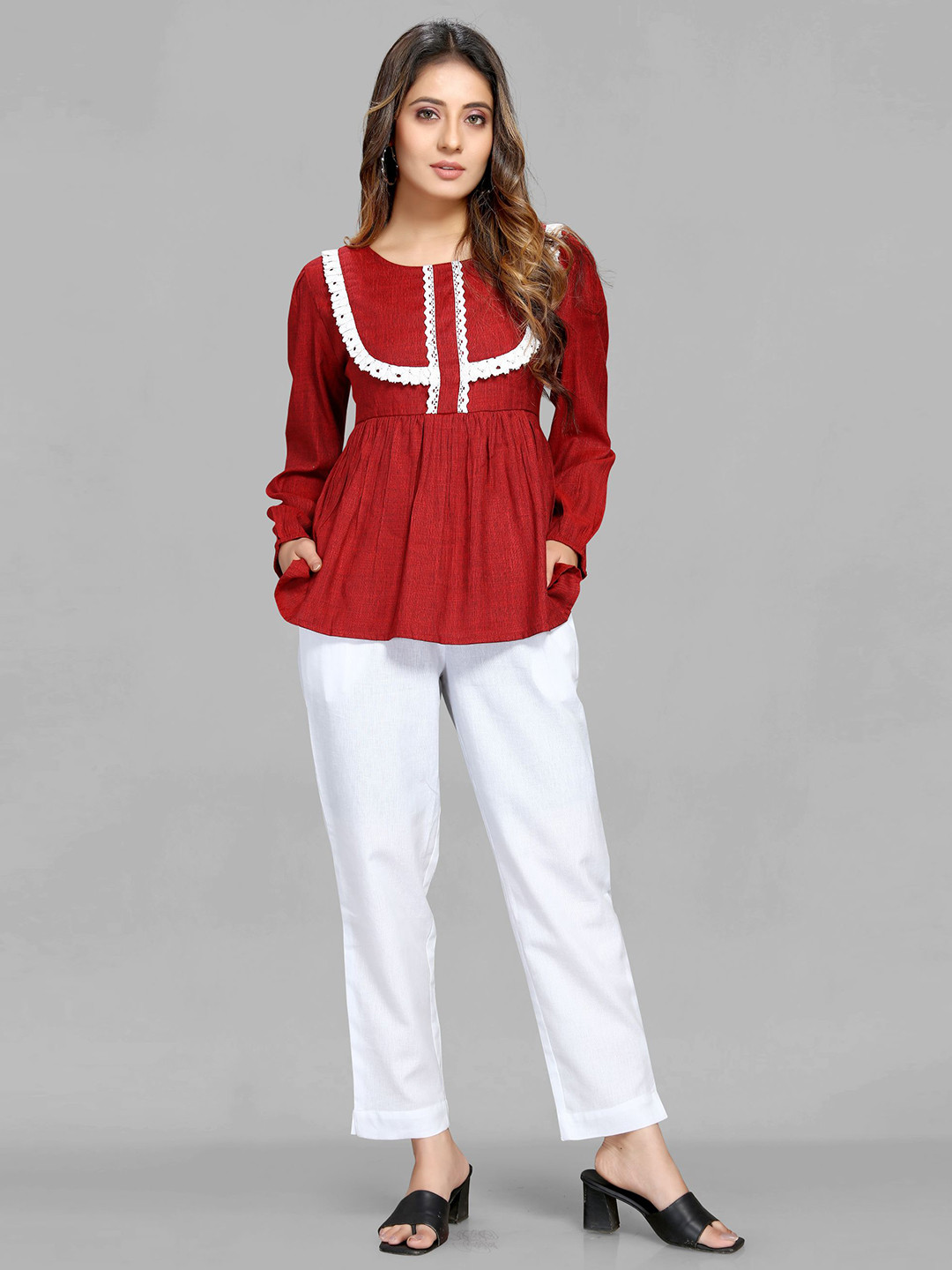 

MAIYEE Puff Sleeves Peplum Top, Red