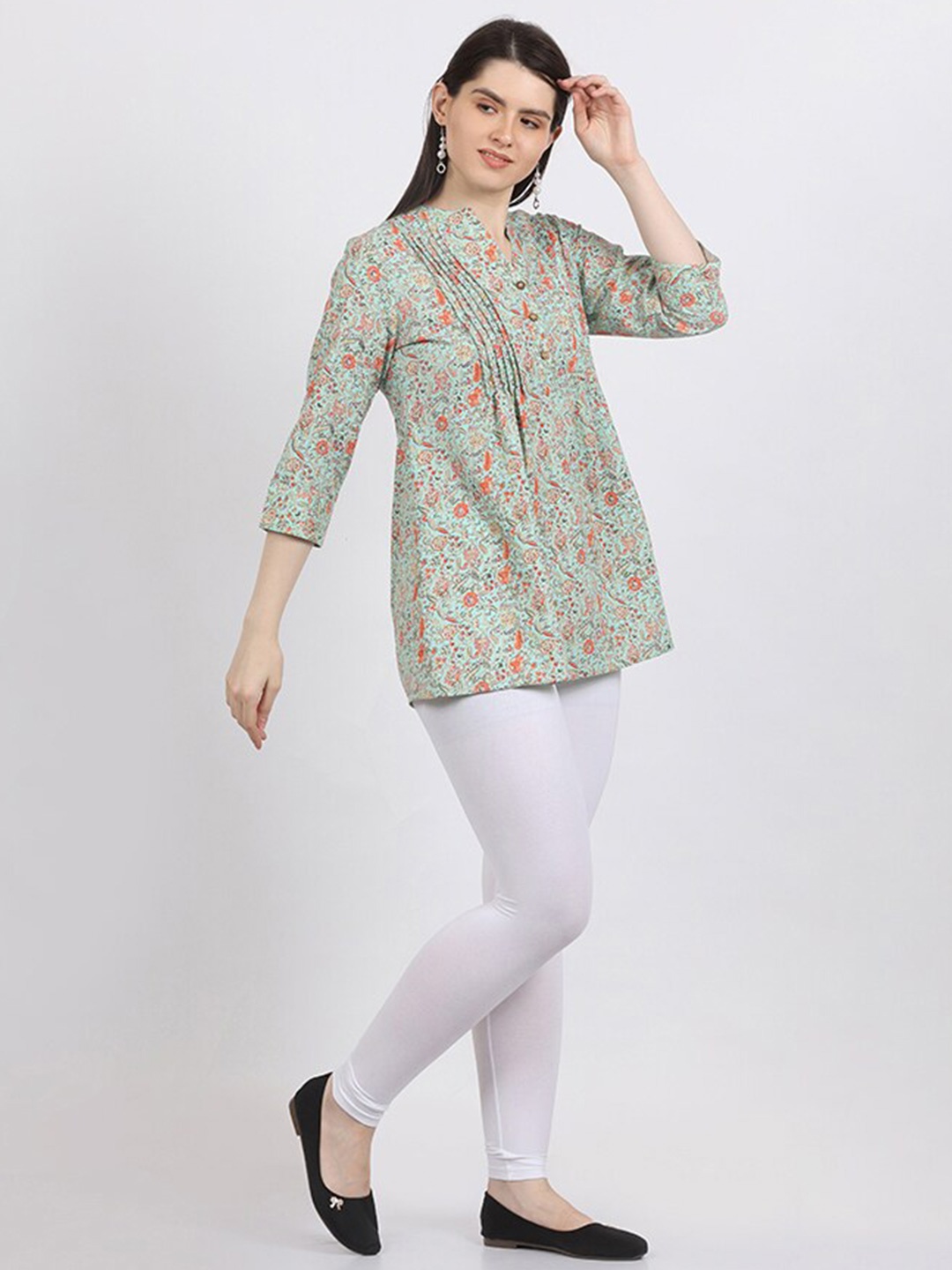 

MAIYEE Floral Printed Mandarin Collar A-Line Top, Green