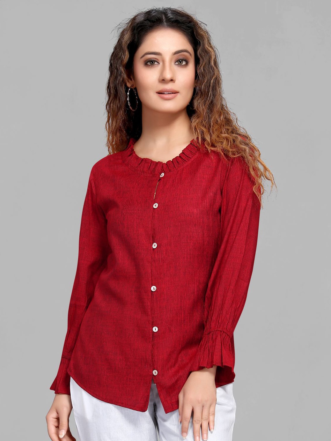 

MAIYEE Round Neck Bell Sleeve Shirt Style Top, Red