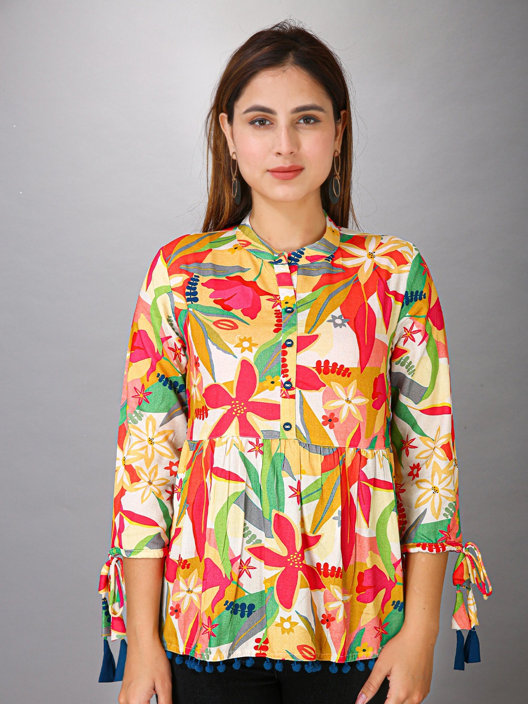 

MAIYEE Floral Printed Mandarin Collar Gathered A-Line Top, Yellow