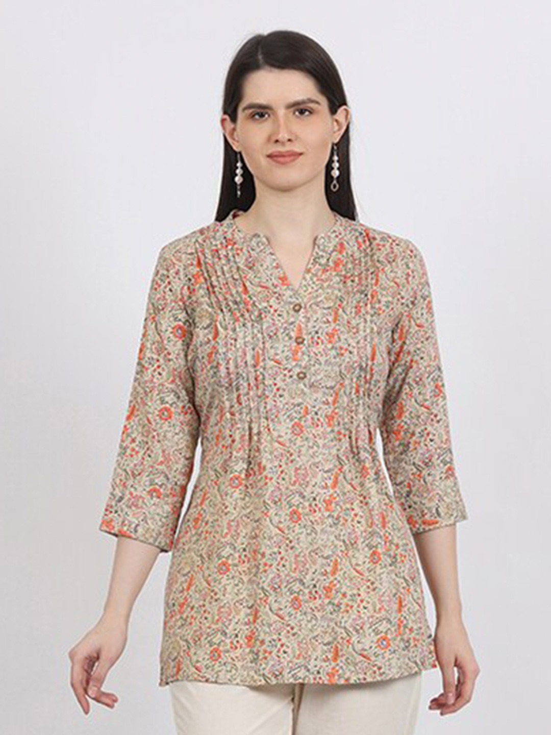 

MAIYEE Floral Printed Mandarin Collar Pleated Tunic, Beige
