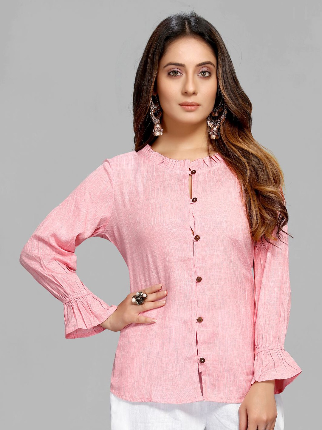 

MAIYEE Round Neck Bell Sleeves Shirt Style Top, Pink