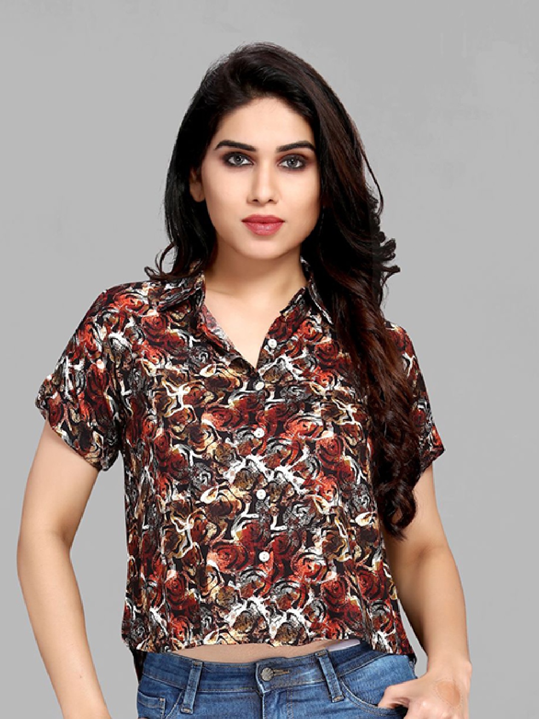 

MAIYEE Abstract Printed Shirt Collar Crop Shirt Style Top, Brown