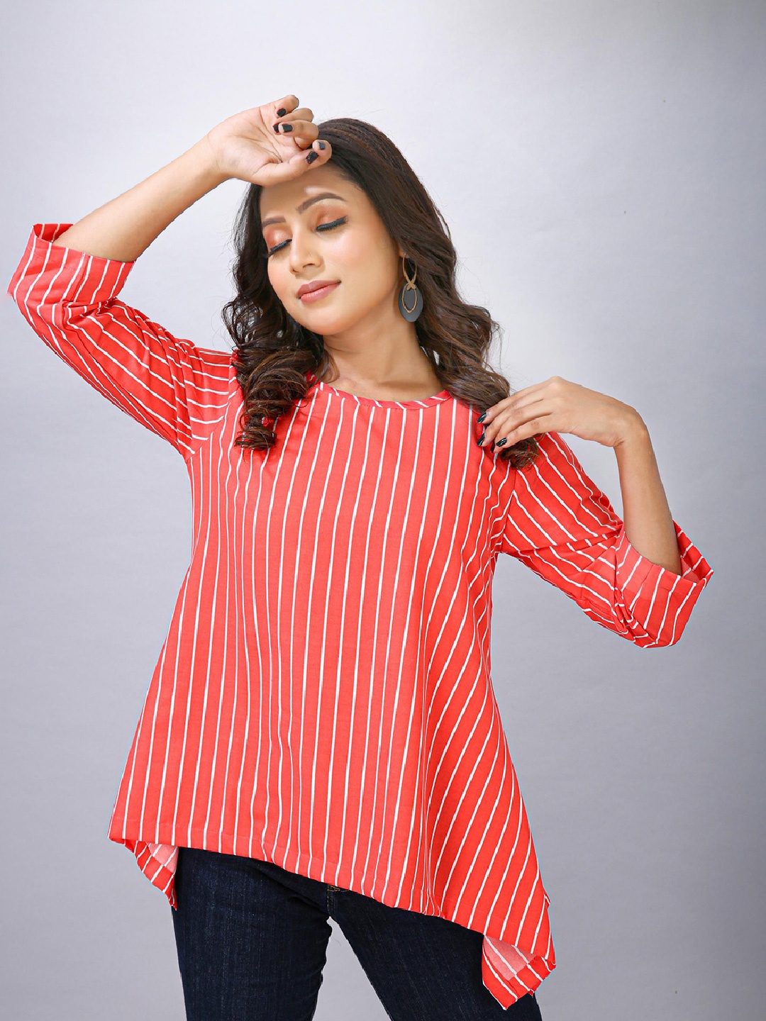 

MAIYEE Vertical Striped Round Neck Asymmetric A-Line Top, Red