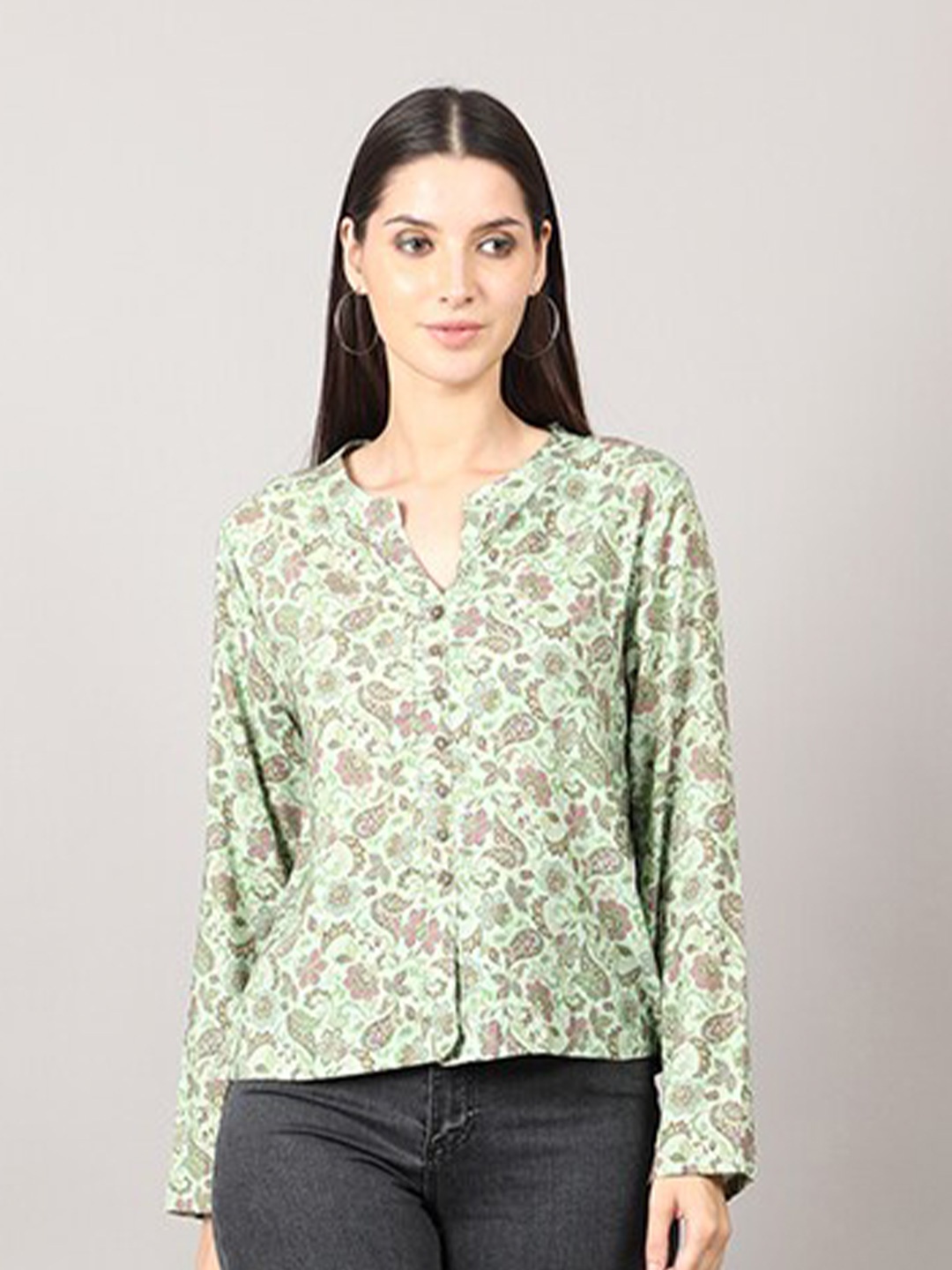 

MAIYEE Paisley Printed Mandarin Collar Shirt Style Top, Green