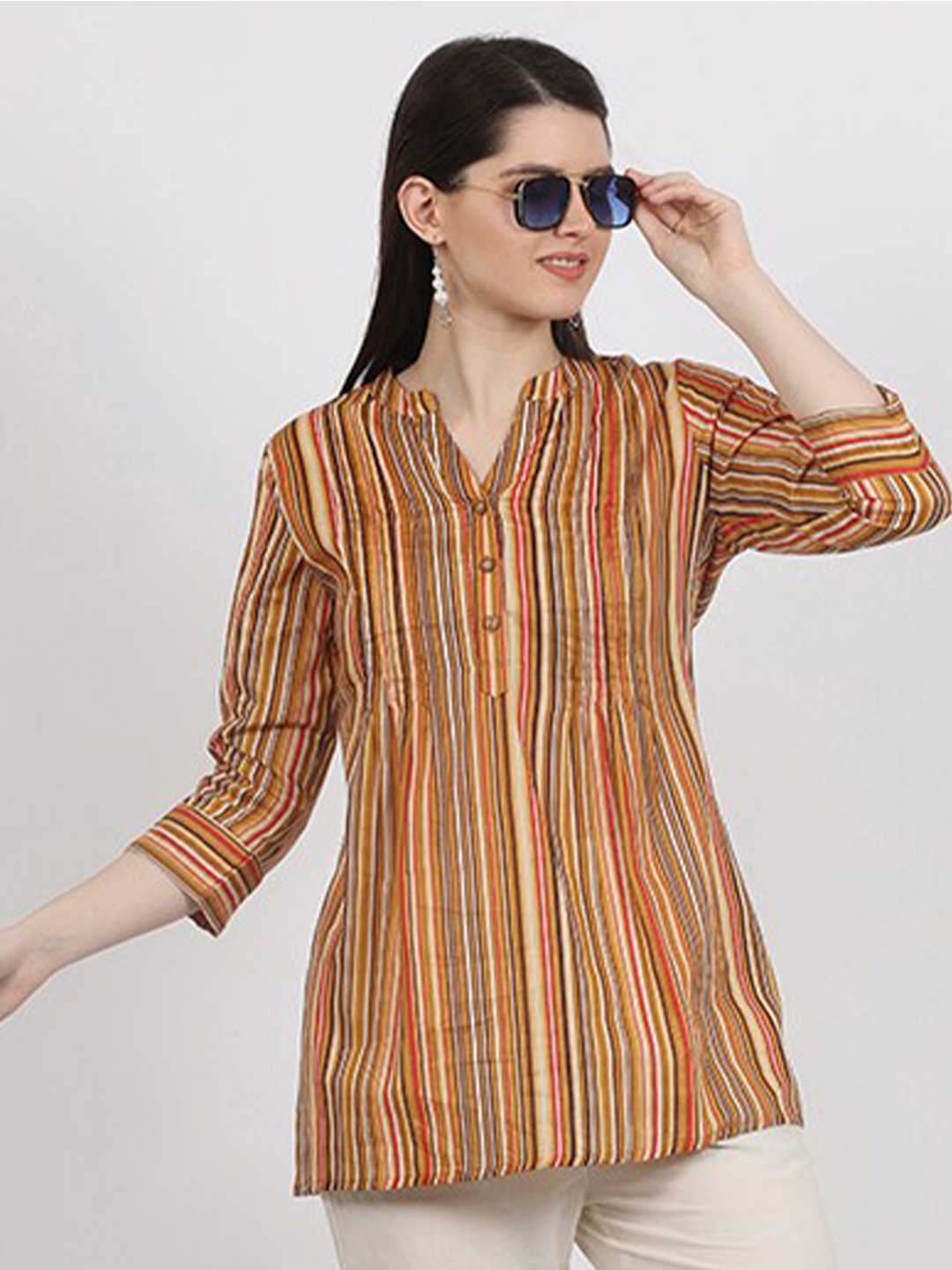 

MAIYEE Vertical Stripes Mandarin Collar Cotton A-Line Top, Brown