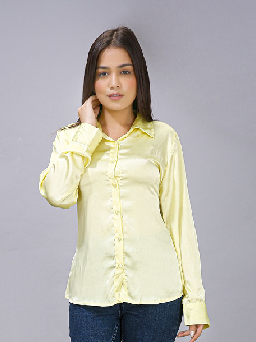 

MAIYEE Shirt Collar Cuffed Sleeves Satin Shirt Style Top, Yellow