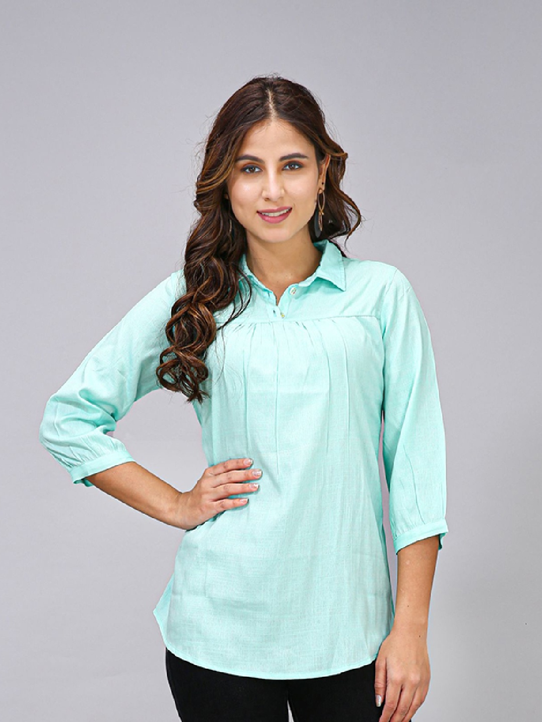 

MAIYEE Shirt Collar Cuffed Sleeves Gathered Pure Cotton A-Line Top, Blue