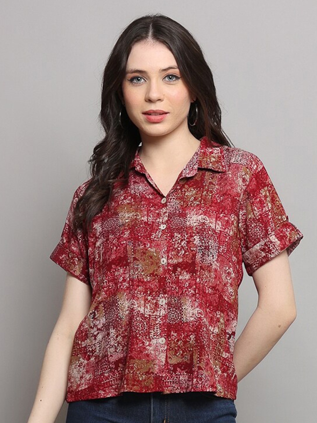 

MAIYEE Abstract Printed Shirt Collar Shirt Style Top, Red