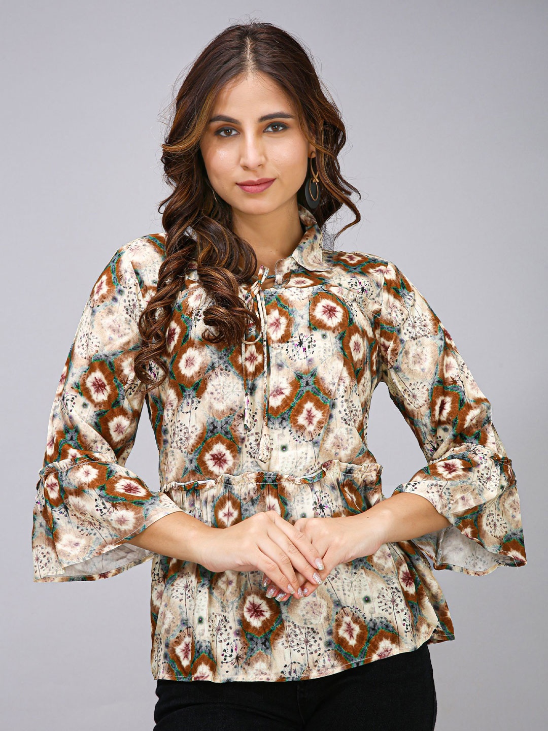 

MAIYEE Floral Printed Shirt Collar Bell Sleeves Tie-Ups Detail Shirt Style Top, Beige
