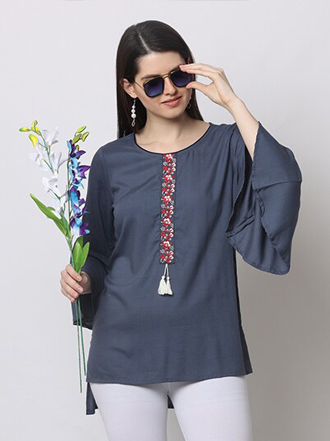 

MAIYEE Embroidered Bell Sleeves High-Low Top, Grey