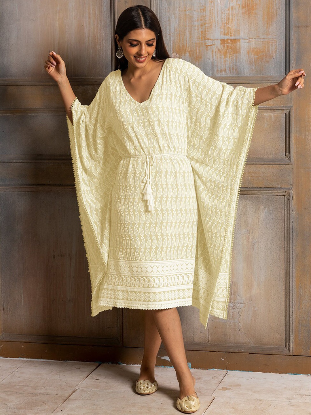 

Monk & Mei Paisley Chikankari Embroidered Kimono Sleeve Kaftan Ethnic Dress, Yellow