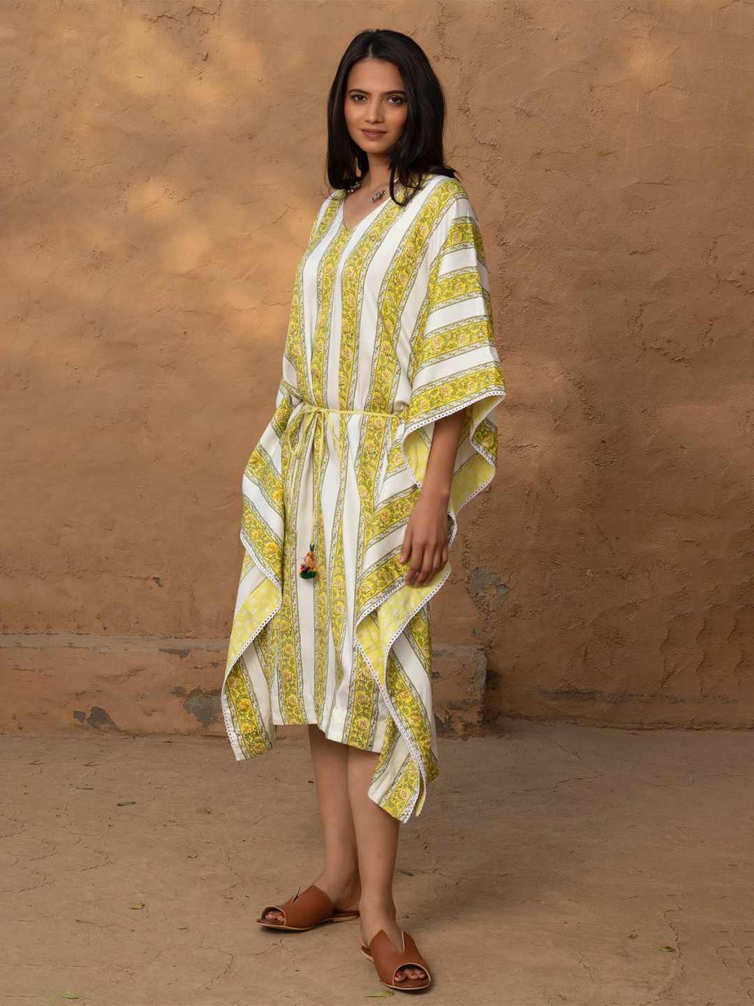 

Monk & Mei Floral Printed Kimono Sleeve Kaftan Dress, Yellow