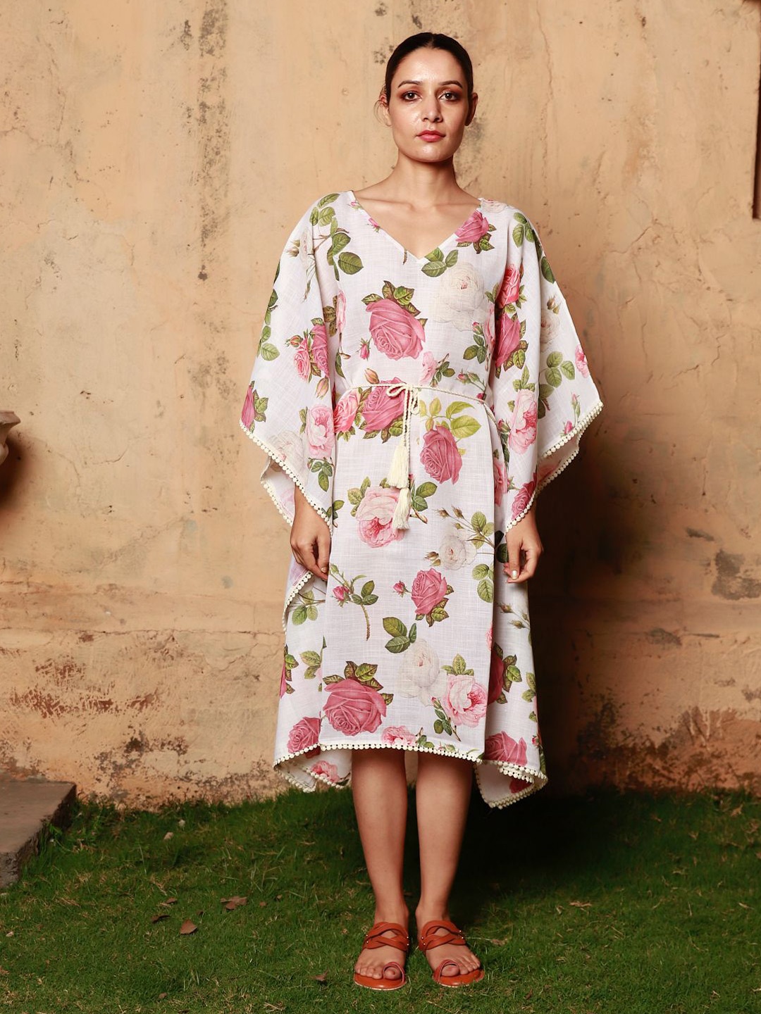 

Monk & Mei Floral Printed Kimono Sleeve Linen Kaftan Dress, White