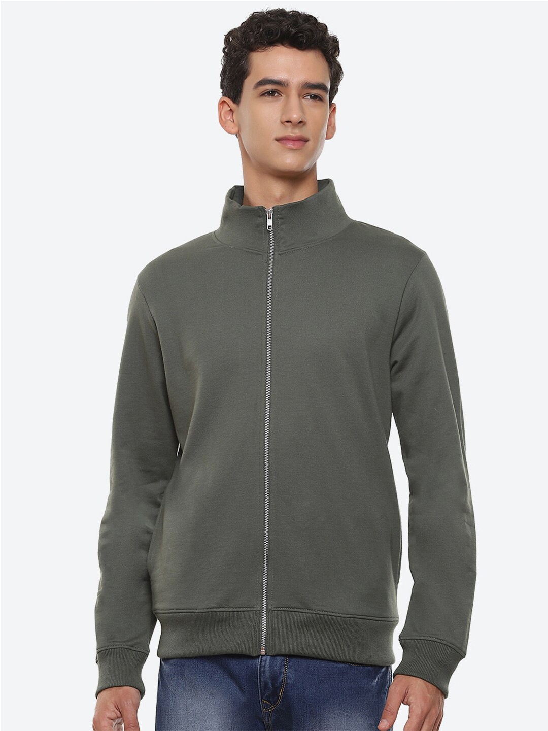 

2Bme Mock Collar Cotton Front-Open Sweatshirt, Olive
