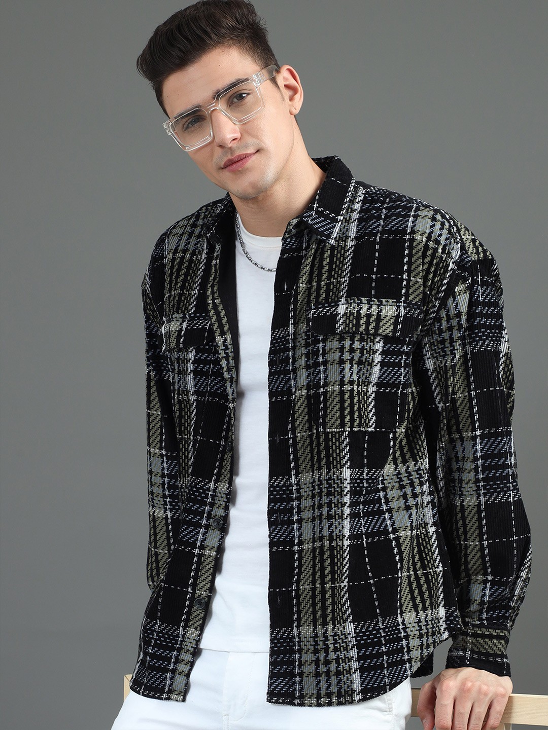 

HERE&NOW Black Checked Spread Collar Cotton Casual Shacket