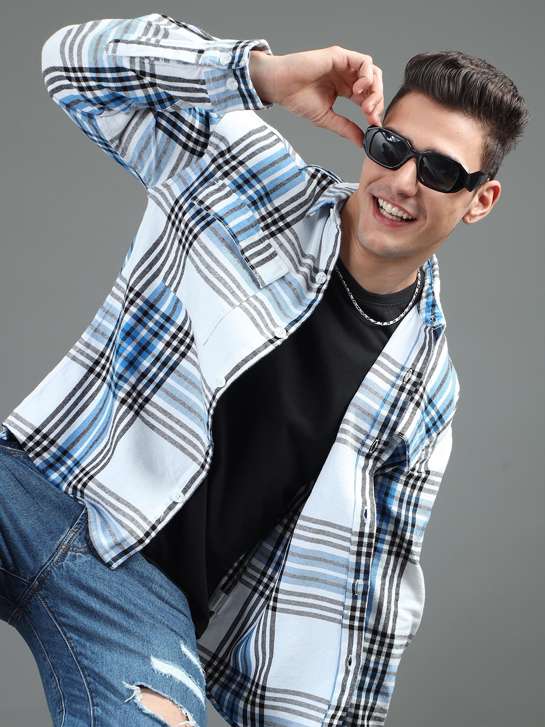 

HERE&NOW White Checked Spread Collar Cotton Casual Shacket