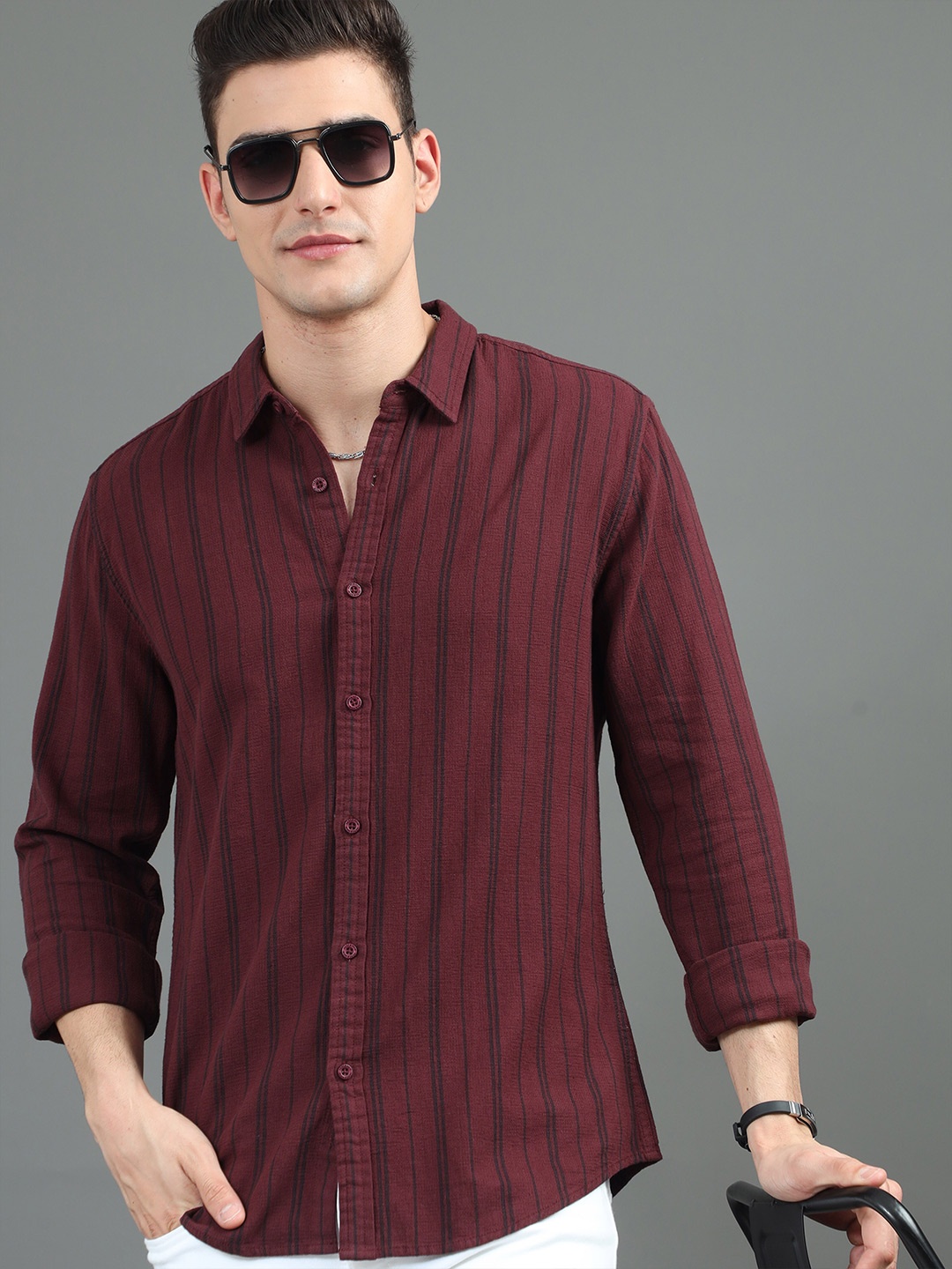 

HERE&NOW Maroon Slim Fit Vertical Striped Cotton Casual Shirt