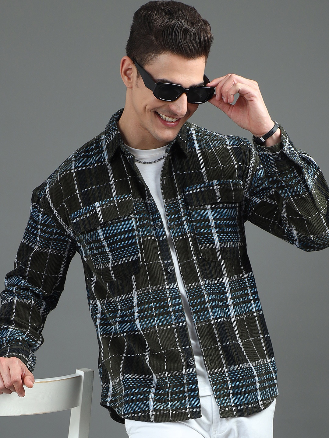 

HERE&NOW Black Checked Spread Collar Cotton Casual Shacket