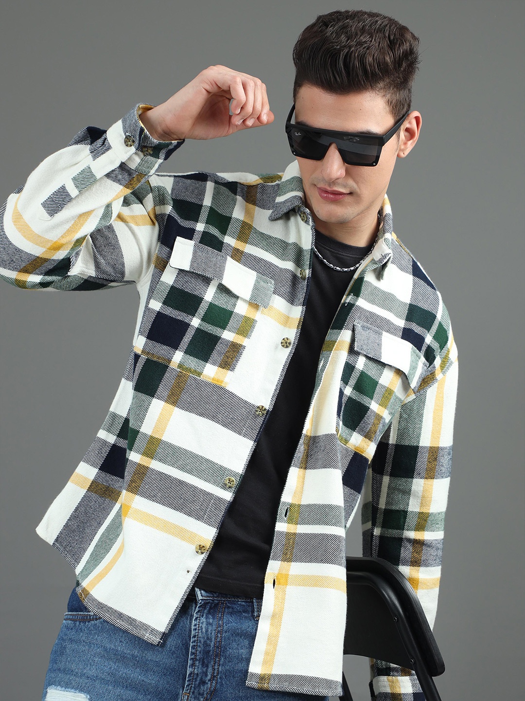 

HERE&NOW White Tartan Checked Casual Cotton Oversized Shacket