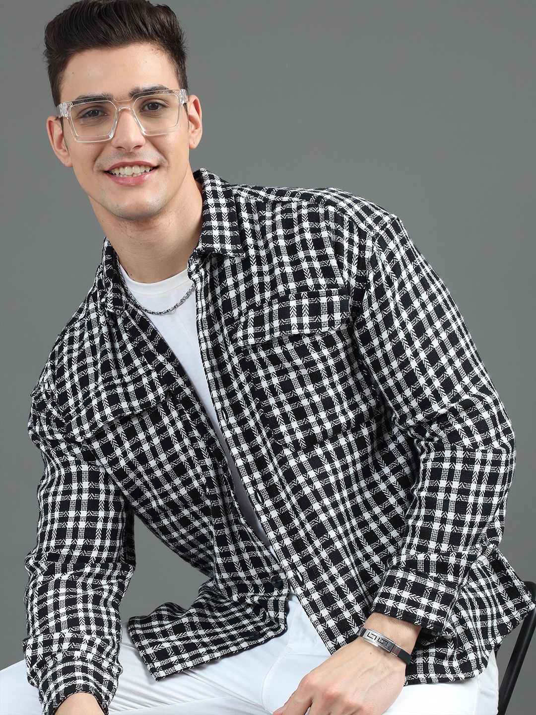 

HERE&NOW Black Grid Tattersall Checked Casual Cotton Oversized Shacket