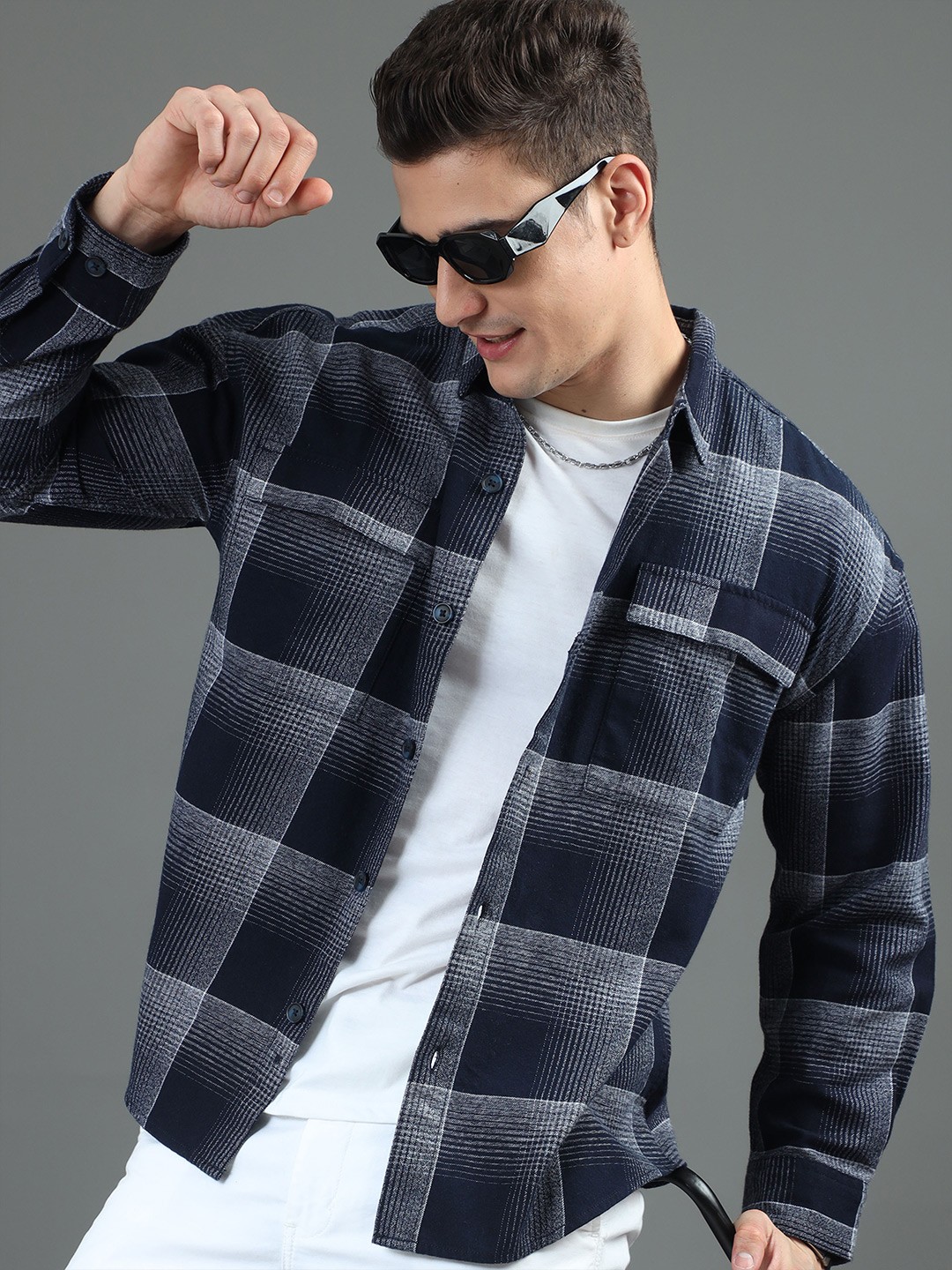 

HERE&NOW Navy Blue Buffalo Checked Casual Cotton Oversized Shacket