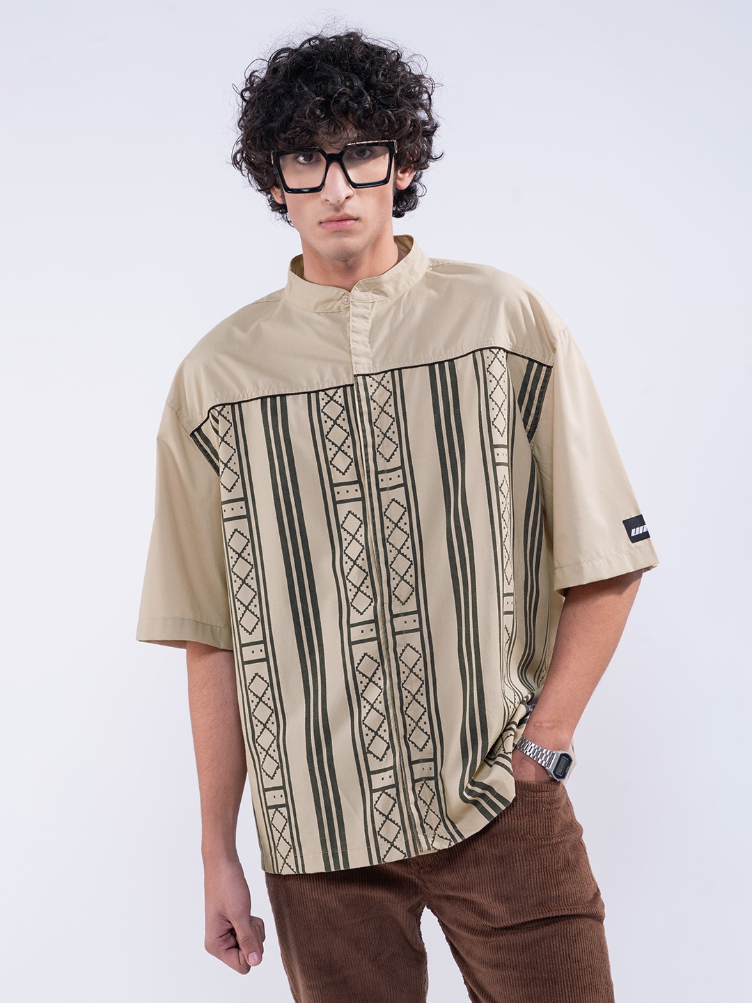 UNRL Printed Pure Cotton Oversized Shirt, Beige