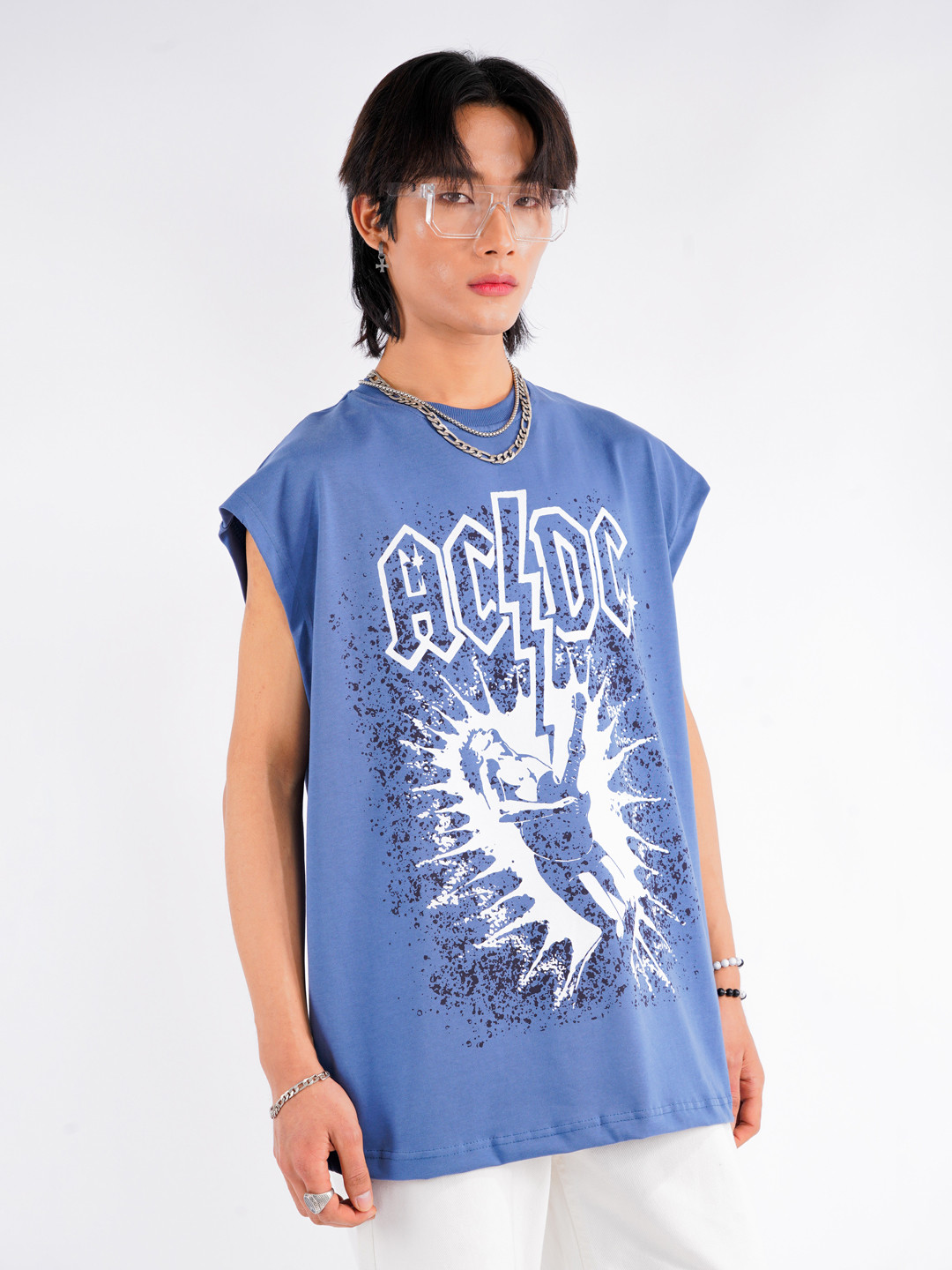 

UNRL Printed Pure Cotton Oversized Fit Longline T-shirt, Blue